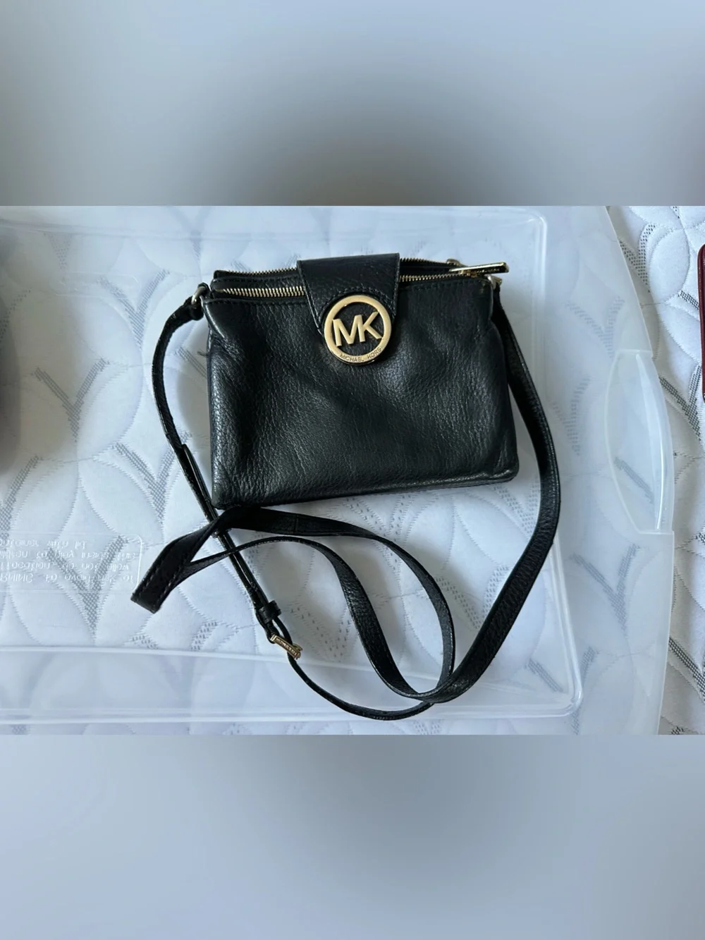 Michael Kors Black Leather Crossbody with Gold MK Medallion